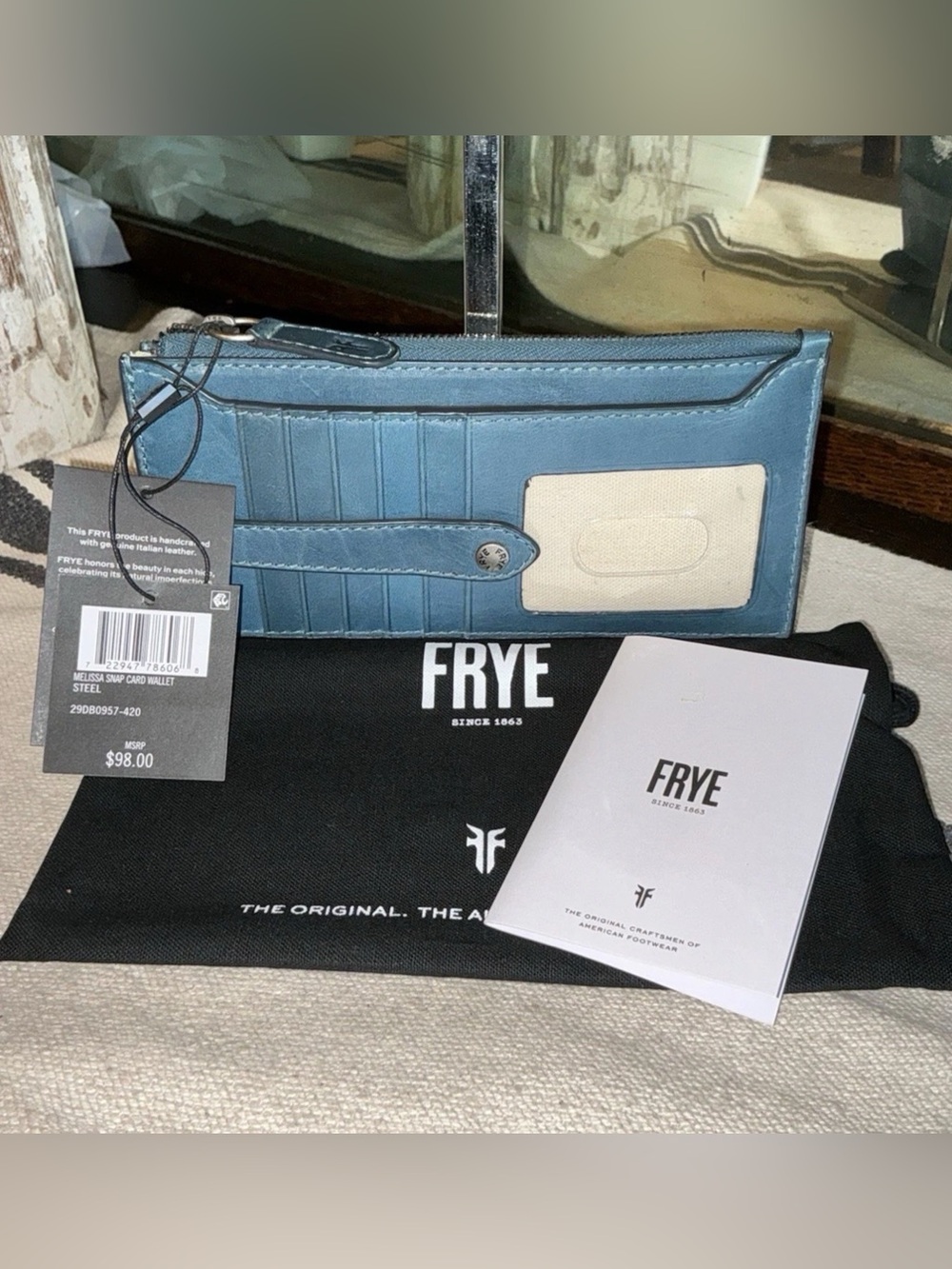 NWT Frye Melissa Leather Snap Card Wallet Steel Blue Retail $98